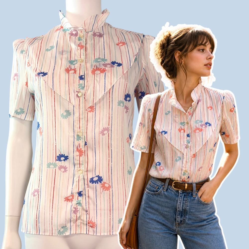 Ditsy Floral Striped Western Blouse Size 10 Satin Prairie Boho Philippe Marques